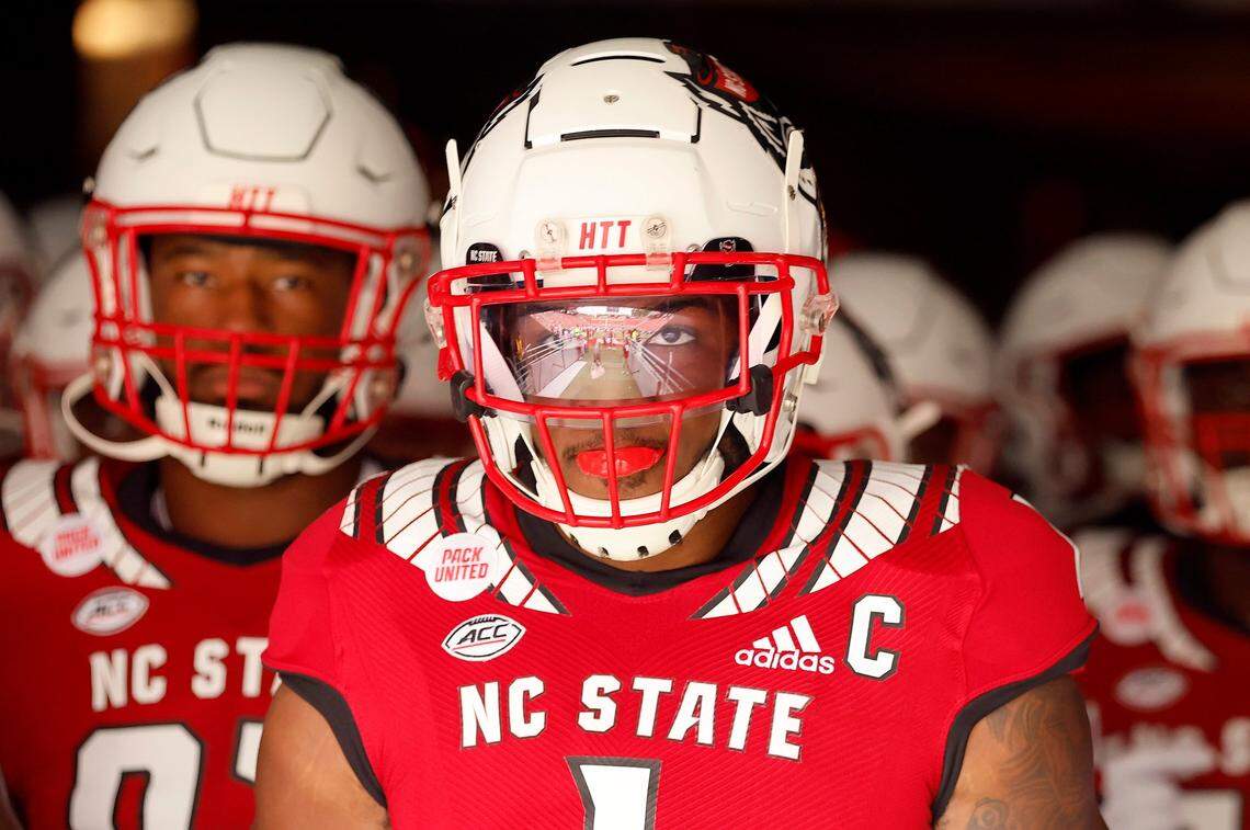 N.C. States Isaiah Moore (1) gets ready to head onto the field for warmups before N.C. States game against Charleston Southern at Carter-Finley Stadium in Raleigh, N.C., Saturday, Sept. 10, 2022.