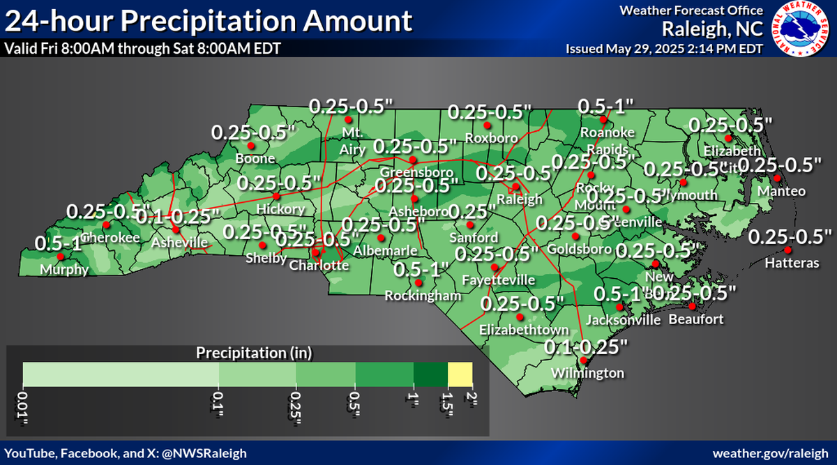 In the 24-hour period beginning at 8 a.m. Friday, May 30, 2025, up to a half-inch of rain is likely in central North Carolina, and higher amounts are possible further east, the National Weather Service says.