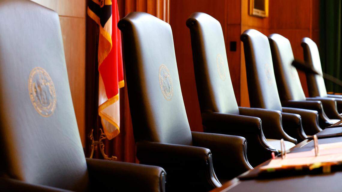 Justice’s chairs are seen in the the N.C. State Supreme Court courtroom at the Justice Building in Raleigh, N.C., Monday, May 9, 2022.