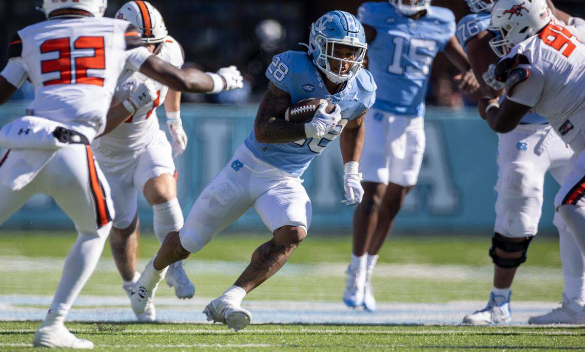 North Carolina’s Omarion Hampton (28) breaks open for a 16-yard run in the third quarter against Campbell on Saturday, November 4. 2023 at Kenan Stadium in Chapel Hill, N.C.