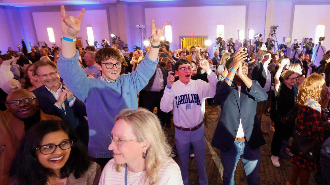 The crowd at the North Carolina Democratic Party election night party celebrates after NBC News projected Josh Stein winning the N.C. governor race. The party is at the Marriott City Center in Raleigh, N.C., Tuesday, Nov. 5, 2024.