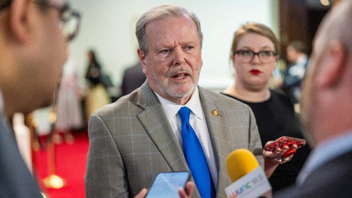 Senate President Pro Tem Phil Berger speaks with reporters after a Senate session at the Legislative Building on Wednesday, Feb. 26, 2025.