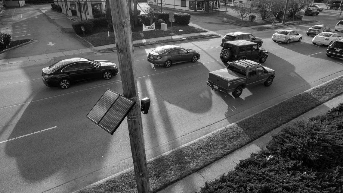 A Flock automated license plate reader camera used by the Raleigh Police Department is mounted on a Duke Energy utility pole on Hillsborough Street. The cameras record license plate numbers and details on vehicles’ color, make, type and bumper stickers.