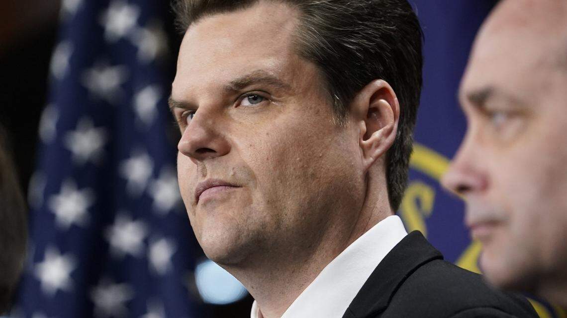 Feb. 13, 2024; Washington, D.C., USA - Rep. Matt Gaetz (R-FL), with other members of the House Freedom Caucus, at a press conference speaking on the reauthorization of FISA under consideration in the House on Tuesday, Feb. 13, 2024. Mandatory Credit: Jack Gruber-USA TODAY
