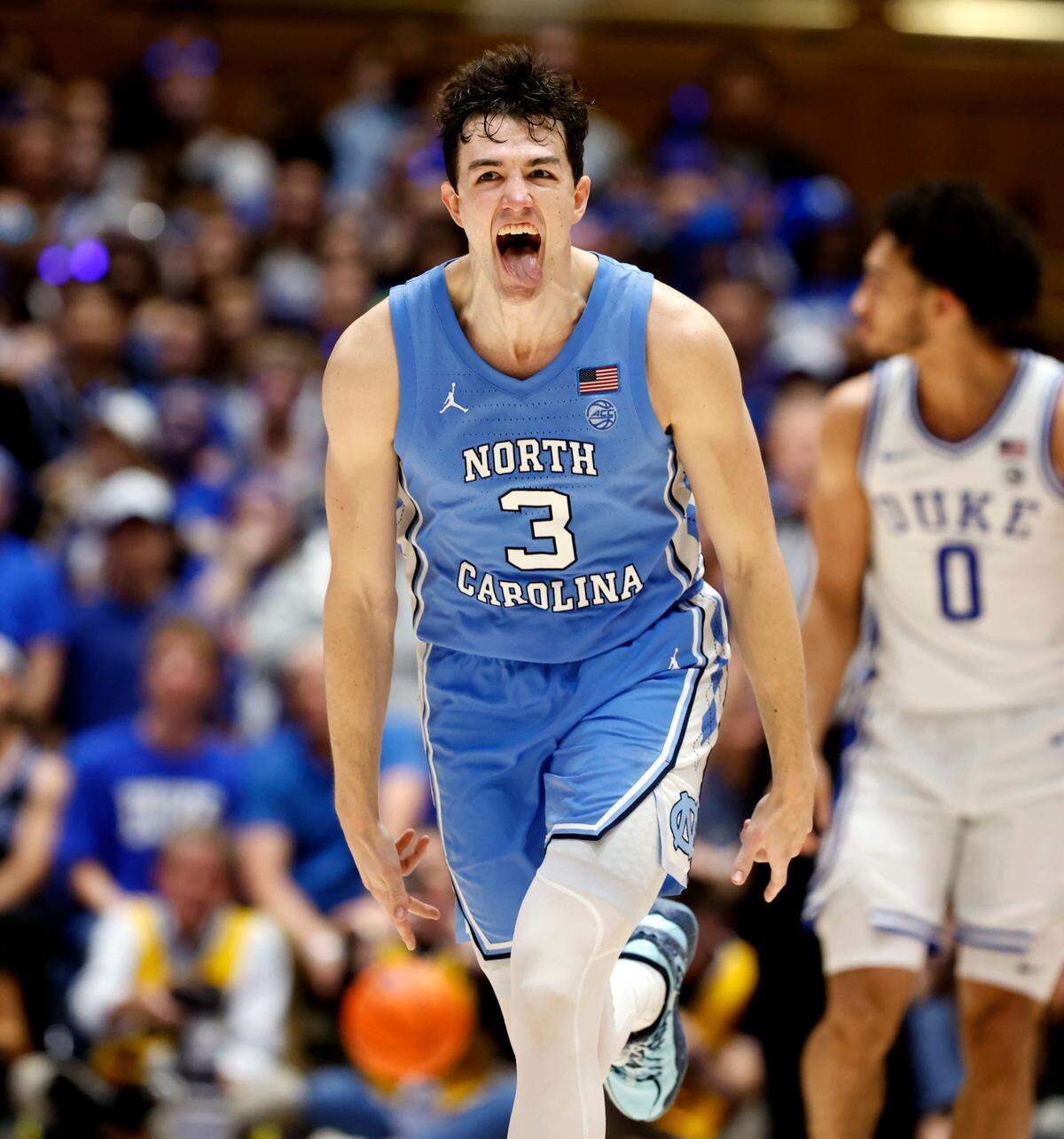 UNC’s Cormac Ryan celebrates after sinking a key 3-pointer near the seven minute mark against Duke, Saturday night, March 9, 2024.