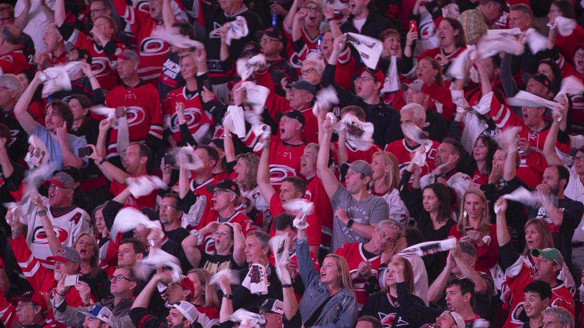Carolina Hurricanes fans wave the rally towels as the team enters the ice for Game 4 of the Eastern Conference Finals against the Boston Bruins on Thursday, May 16, 2019 at PNC Arena in Raleigh, N.C.