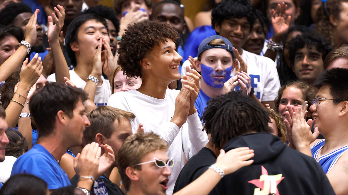 Nate Ament stands amongst the Cameron Crazies during Duke’s Countdown to Craziness at Cameron Indoor Stadium in Durham, N.C., Friday, Oct. 4, 2024.