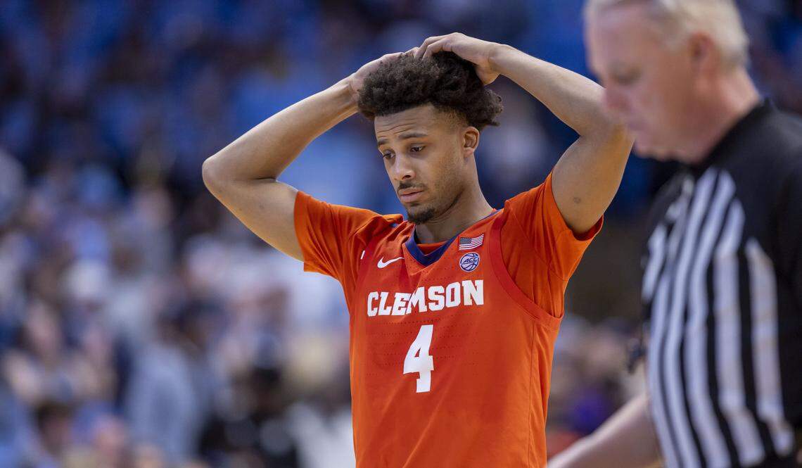 Clemson guard Efrem Johnson (4) reacts after a missed shot by teammate Dillon Hunter (2) with :18 seconds to play, to secure a 67-63 victory by North Carolina on Tuesday, March 3, 2026 at the Smith Center in Chapel Hill, N.C.