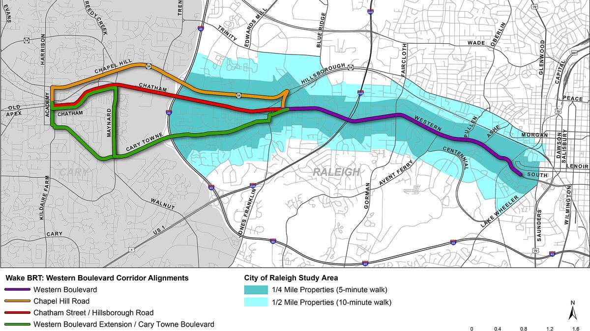 There are three options for connecting the Western Boulevard bus rapid transit line from Raleigh into downtown Cary.