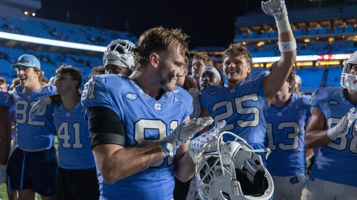 North Carolina tight end John Copenhaver (81) celebrates with his teammates following the Tar Heels’ 45-10 victory against N.C. Central on Saturday, September 14, 2024 at Kenan Stadium in Chapel Hill, N.C.