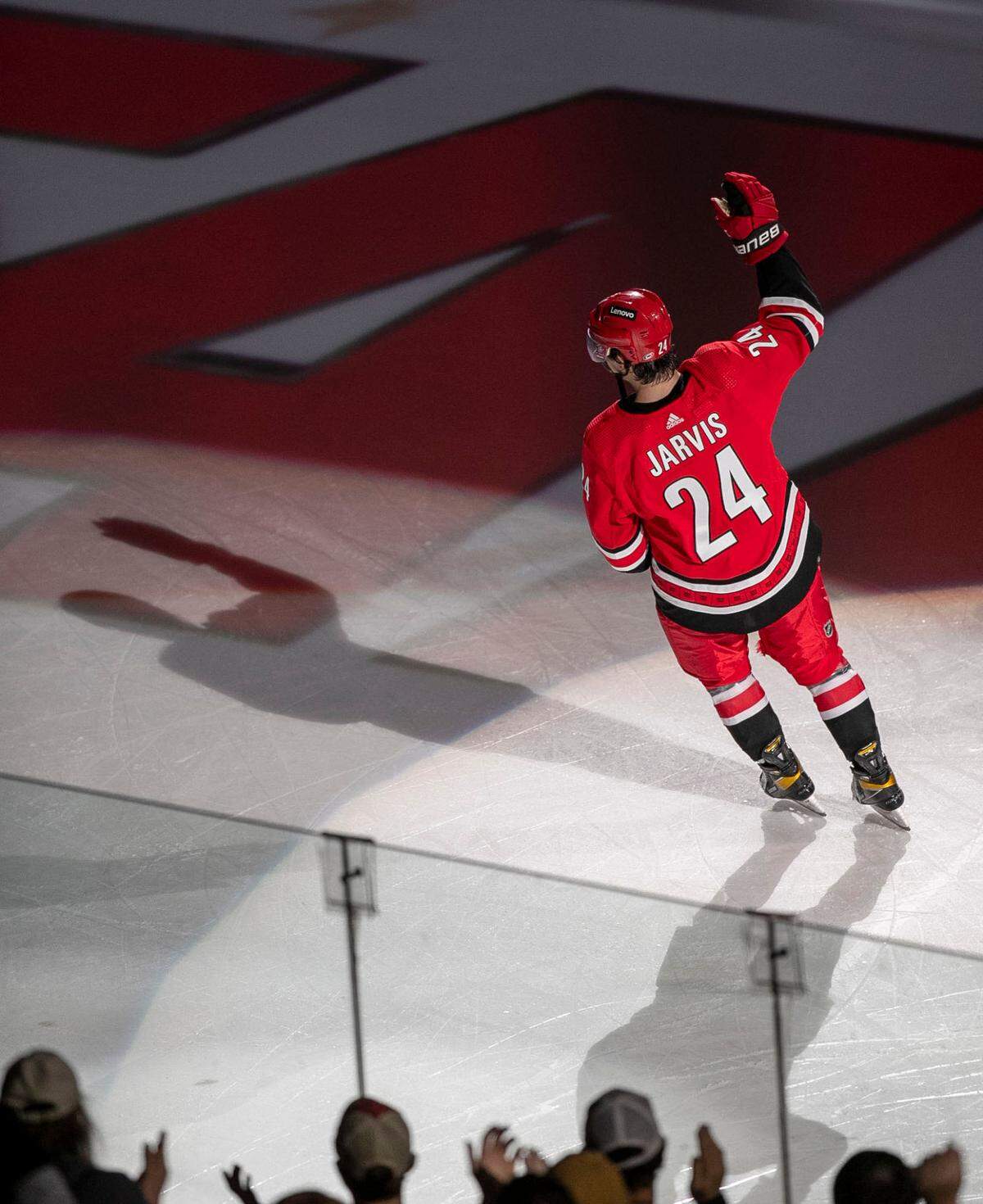 Carolina Hurricanes’ Seth Jarvis (24) is recognized for scoring the game winning goal, following the Hurricanes’ 4-2 victory over Winnipeg on Thursday, April 21, 2022 at PNC Arena in Raleigh, N.C.