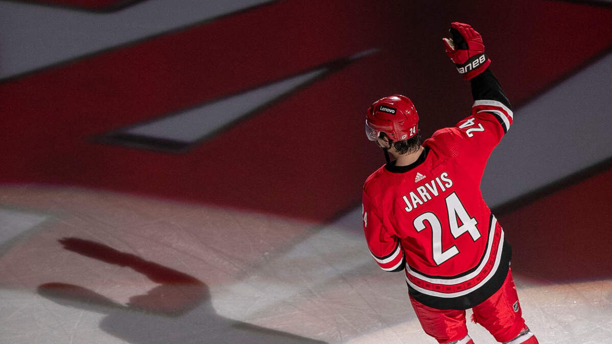 Carolina Hurricanes’ Seth Jarvis (24) is recognized for scoring the game winning goal, following the Hurricanes’ 4-2 victory over Winnipeg on Thursday, April 21, 2022 at PNC Arena in Raleigh, N.C.