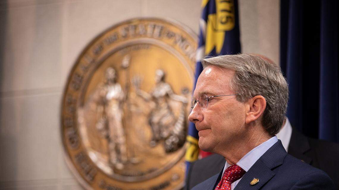 Sen. Paul Newton listens during a press conference about legislation to restructure the State Board of Elections held at the Legislative Building on Monday, June 12, 2023, in Raleigh, N.C.