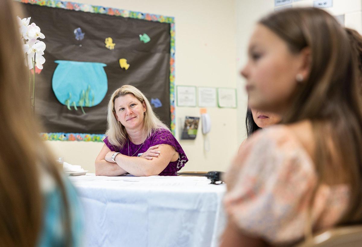 Laura Budd speaks to students at Providence Spring Elementary in Charlotte, N.C., on Monday, May 15, 2023.