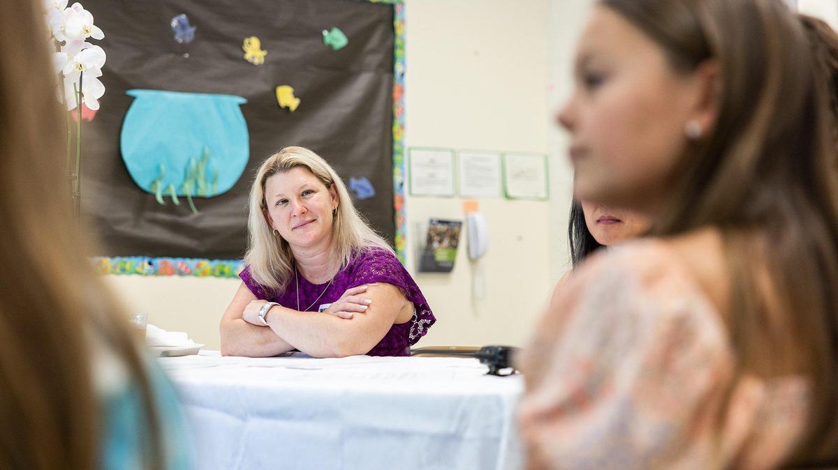 Laura Budd speaks to students at Providence Spring Elementary in Charlotte, N.C., on Monday, May 15, 2023.