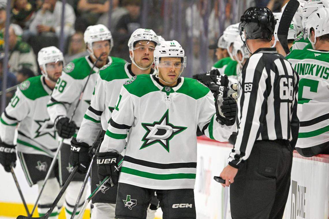 Sep 29, 2024; Saint Paul, Minnesota, USA; Dallas Stars forward Logan Stankoven (11) celebrates his goal against the Minnesota Wild during the second period at Xcel Energy Center. Mandatory Credit: Nick Wosika-Imagn Images