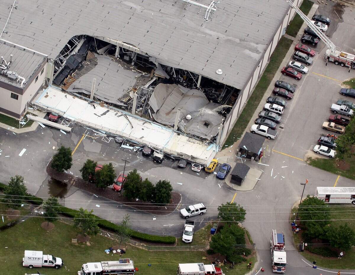In this aerial view, the damage from an explosion is shown at the ConAgra Food plant on Jones Sausage Road in Garner, North Carolina, Tuesday, June 9, 2009.