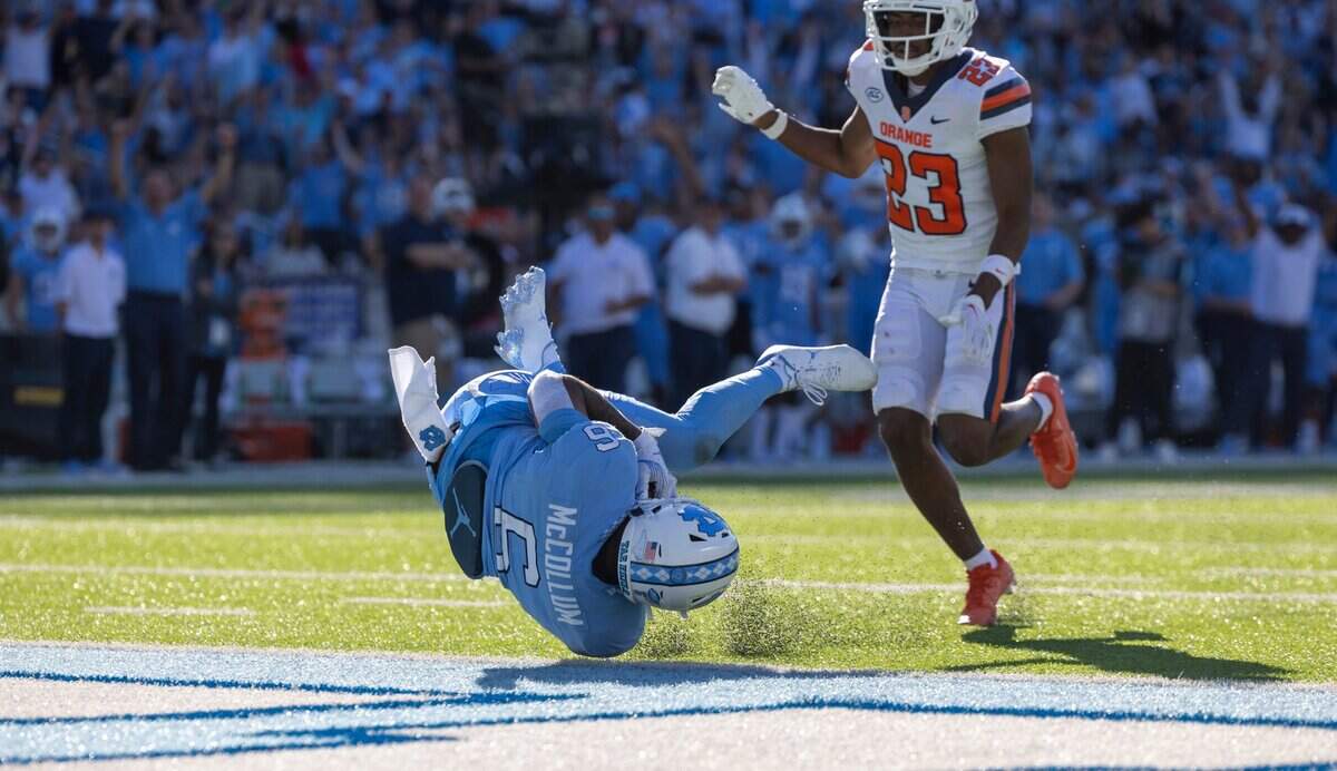 North Carolina’s Nate McCollum (6) goes down at the one-yard line after a 48-yard pass completion from quarterback Drake Maye to set up a touchdown in the second quarter on Saturday, October 7, 2023 at Kenan Stadium in Chapel Hill, N.C.