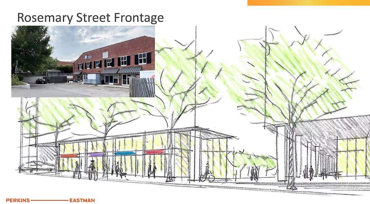 An architect’s rendering shows the proposed Life Sciences Center entrance on West Rosemary Street, at the former location of the Launch Chapel Hill startup incubator.