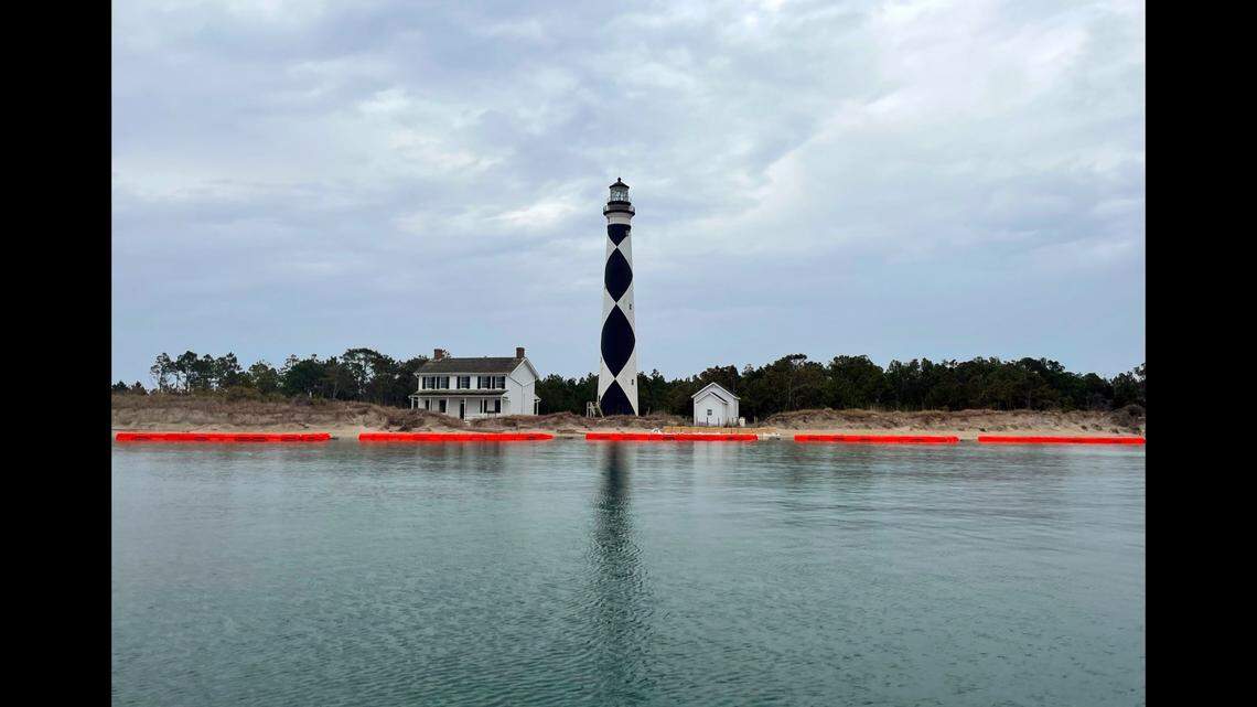 The odd coloration along the sound side of Harker’s Island is a wave attenuation system to help curb beach erosion, the National Park Service says.