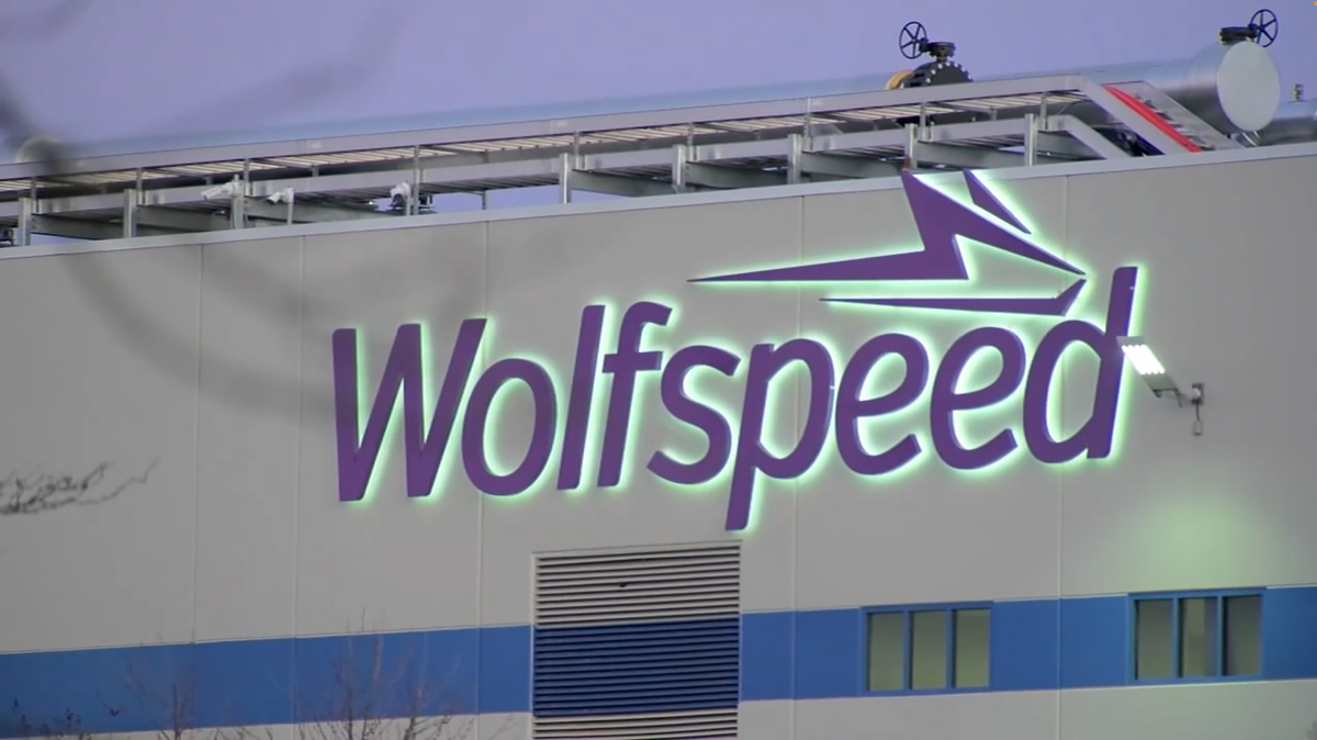 The Wolfspeed sign at the chipmaker’s facility near Research Triangle Park, North Carolina.