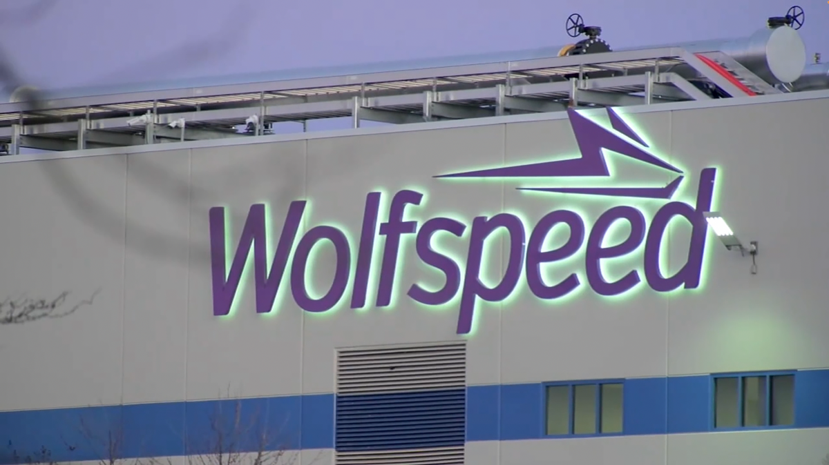 The Wolfspeed sign at the chipmaker’s facility near Research Triangle Park, North Carolina.