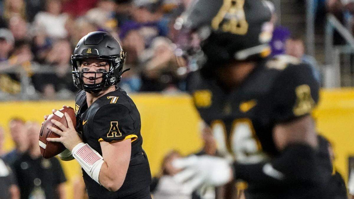 App Statess Chase Brice looks to pass at the Duke’s Mayo Classic at the Bank of America Stadium in Charlotte, N.C., on Thursday, September 2, 2021.