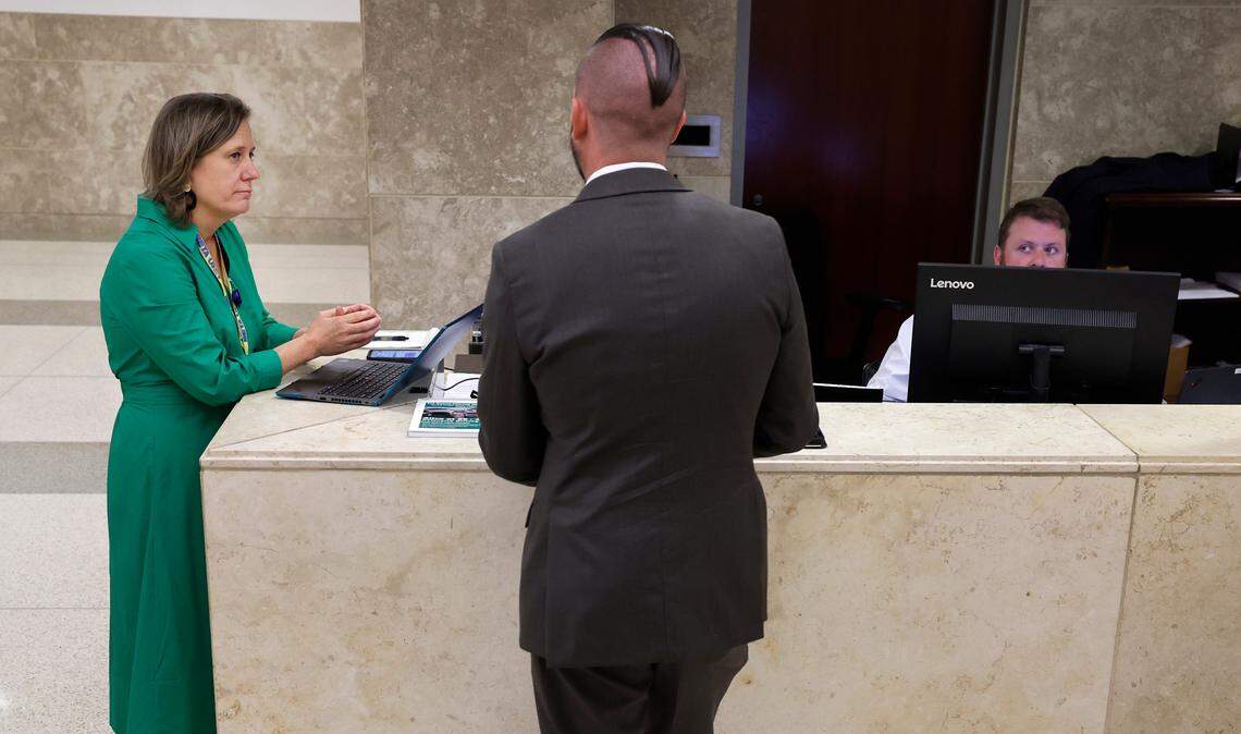Wake County District Attorney Lorrin Freeman works administrative traffic court in the Wake County Justice Center in Raleigh on Sept. 14.
