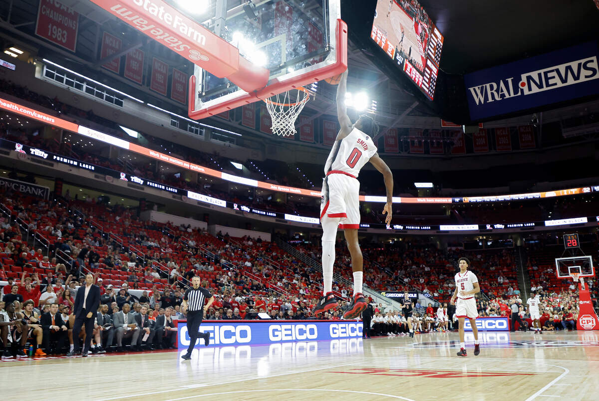 North Carolina State guard Terquavion Smith goes up for an uncontested dunk during the first half of the Wolfpack’s game against Campbell at PNC Arena in Raleigh, N.C. on Friday, Nov. 11, 2022.