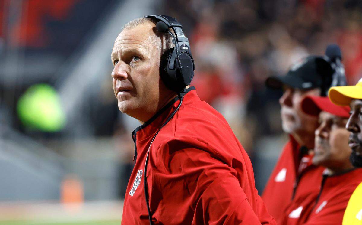 N.C. State head coach Dave Doeren looks up at the scoreboard during the second half of Syracuse’s 24-17 victory over N.C. State at Carter-Finley Stadium in Raleigh, N.C., Saturday, Oct. 12, 2024.