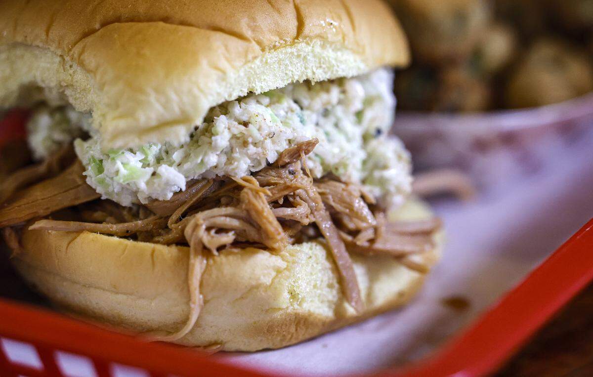 A North Carolina whole hog barbecue sandwich at Picnic in Durham, N.C. Photographed Saturday, August 23, 2025.
