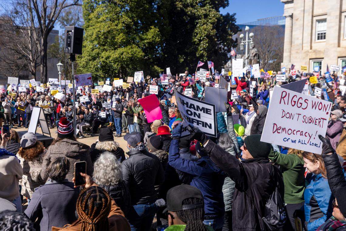Hundreds of demonstrators rally at the North Carolina State Capitol on Monday, Feb. 17, 2025. The rally, organized by Common Cause, protested Republican state Supreme Court candidate Jefferson Griffin’s challenge of 65,000 ballots in November’s election. He trails Democratic incumbent Allison Riggs.