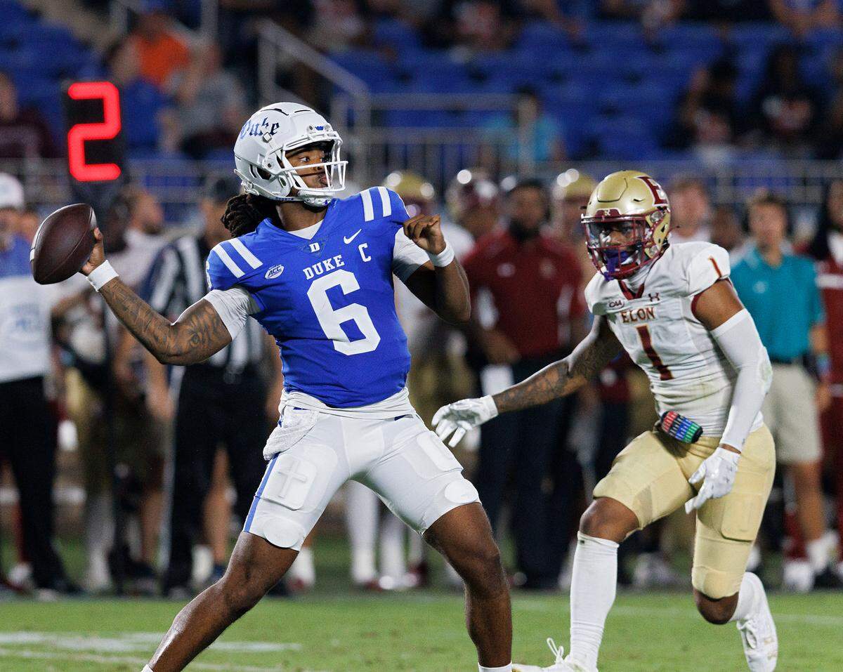 Duke quarterback Maalik Murphy throws a pass during the second half of the Blue Devils’ 26-3 win over Elon on Friday, Aug. 30, 2024, at Wallace Wade Stadium in Durham, N.C.