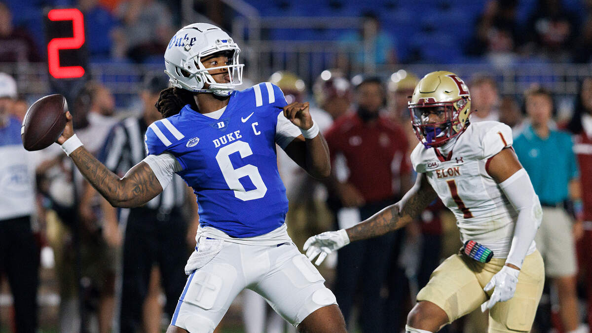 Duke quarterback Maalik Murphy throws a pass during the second half of the Blue Devils’ 26-3 win over Elon on Friday, Aug. 30, 2024, at Wallace Wade Stadium in Durham, N.C.