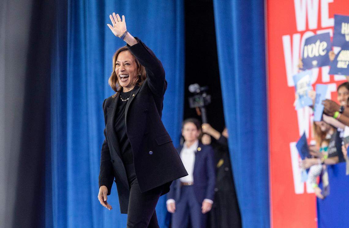 Vice President Kamala Harris takes the stage during a rally at Coastal Credit Union Music Park at Walnut Creek in Raleigh on Wednesday, October 30, 2024.