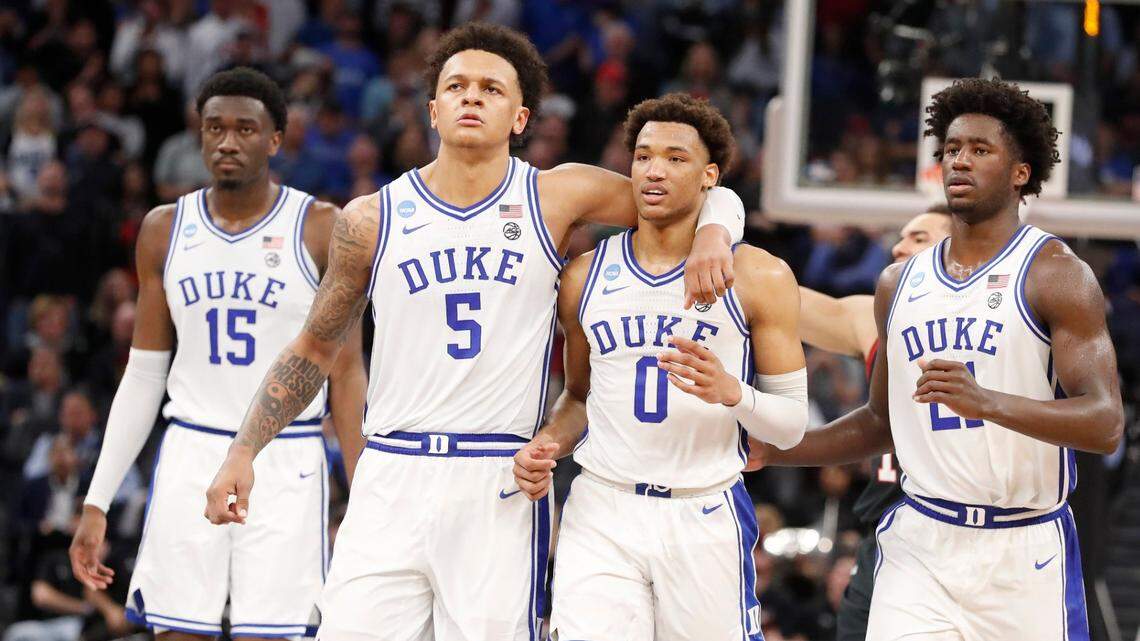 Dukes Mark Williams (15), Paolo Banchero (5), Wendell Moore Jr. (0) and AJ Griffin (21) head back towards their basket during the second half of Dukes 78-73 victory over Texas Tech in the Sweet 16 round of the NCAA Tournament at the Chase Center in San Francisco, Calif., Thursday, March 24, 2022.