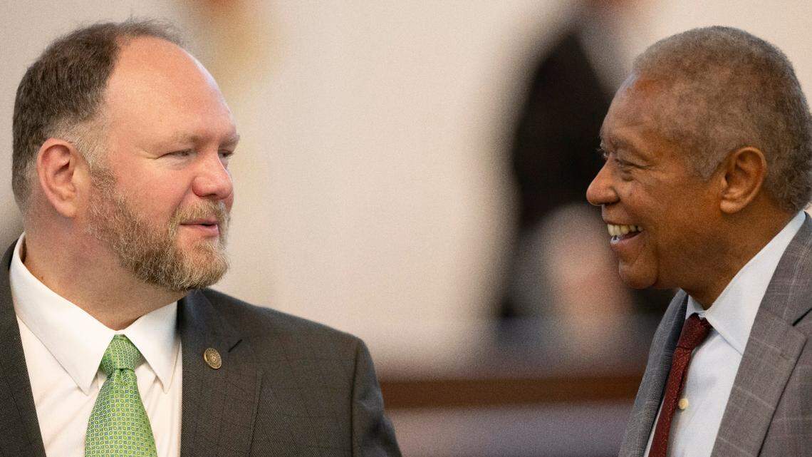 Senator Ralph Hise talks with Senator Dan Blue during a recess on the Senate budget debate on Wednesday, April 16, 2025 at the General Assembly in Raleigh, N.C.