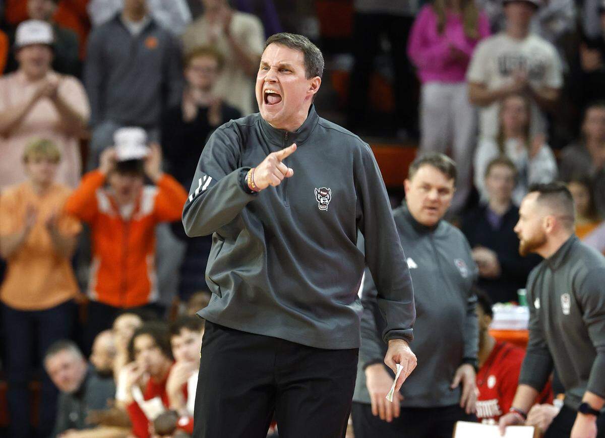N.C. State head coach Will Wade yells to his team during the first half of N.C. State’s game against Clemson at Littlejohn Coliseum in Clemson, S.C., Tuesday, Jan. 20, 2026.