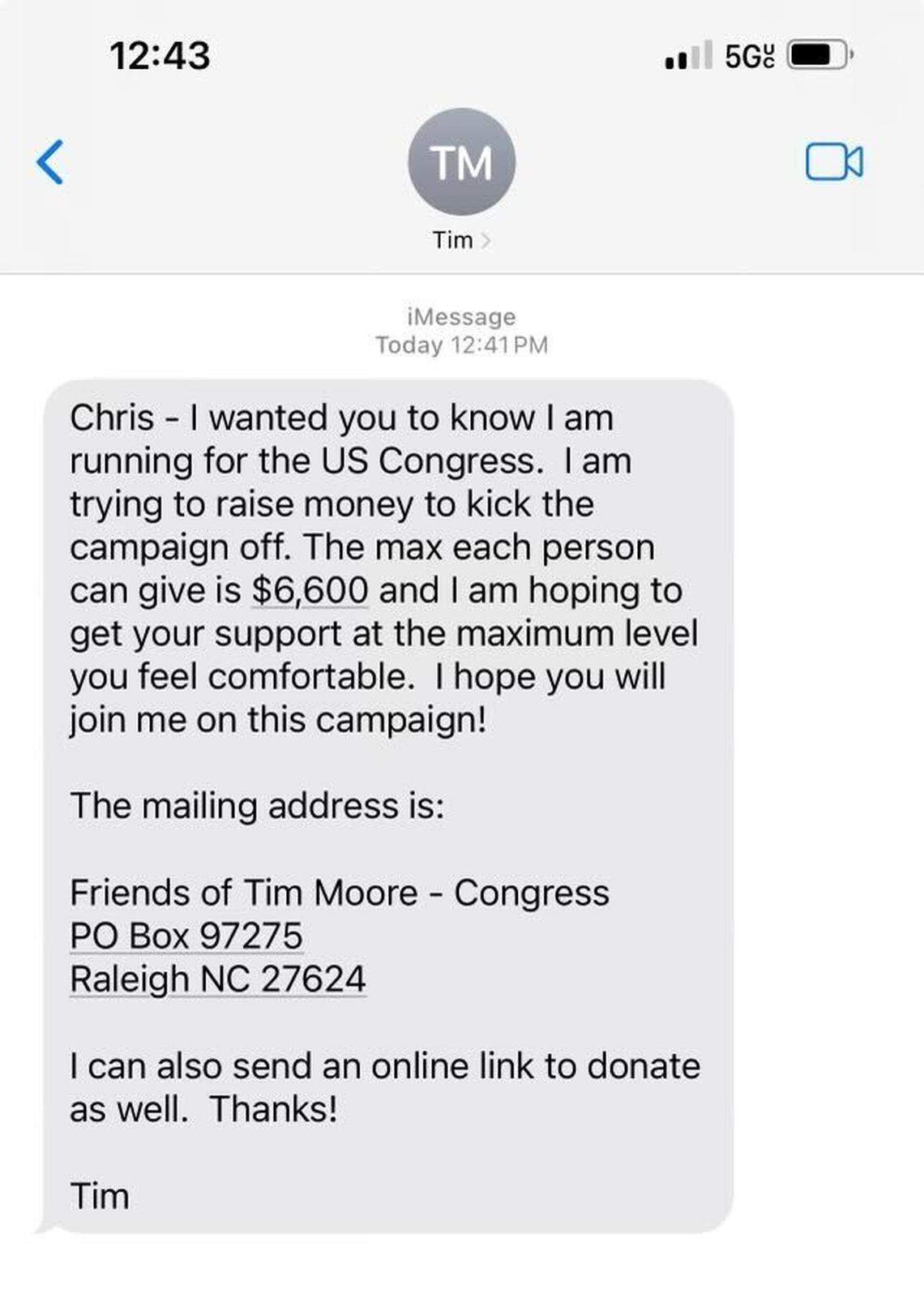 A text from House Speaker Tim Moore to a potential contributor to his 2024 congressional campaign.