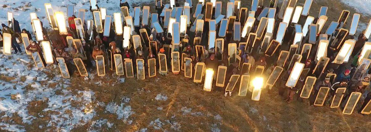 “Mirror Shield Project,” conceived by artist Cannupa Hanska Luger. Oceti Sakowin Camp, 2016. 500 mirrors were brought to Standing Rock, N.D. It is part of “Art for a New Understanding: Native Voices, 1950s to Now” at the Nasher Art Museum.