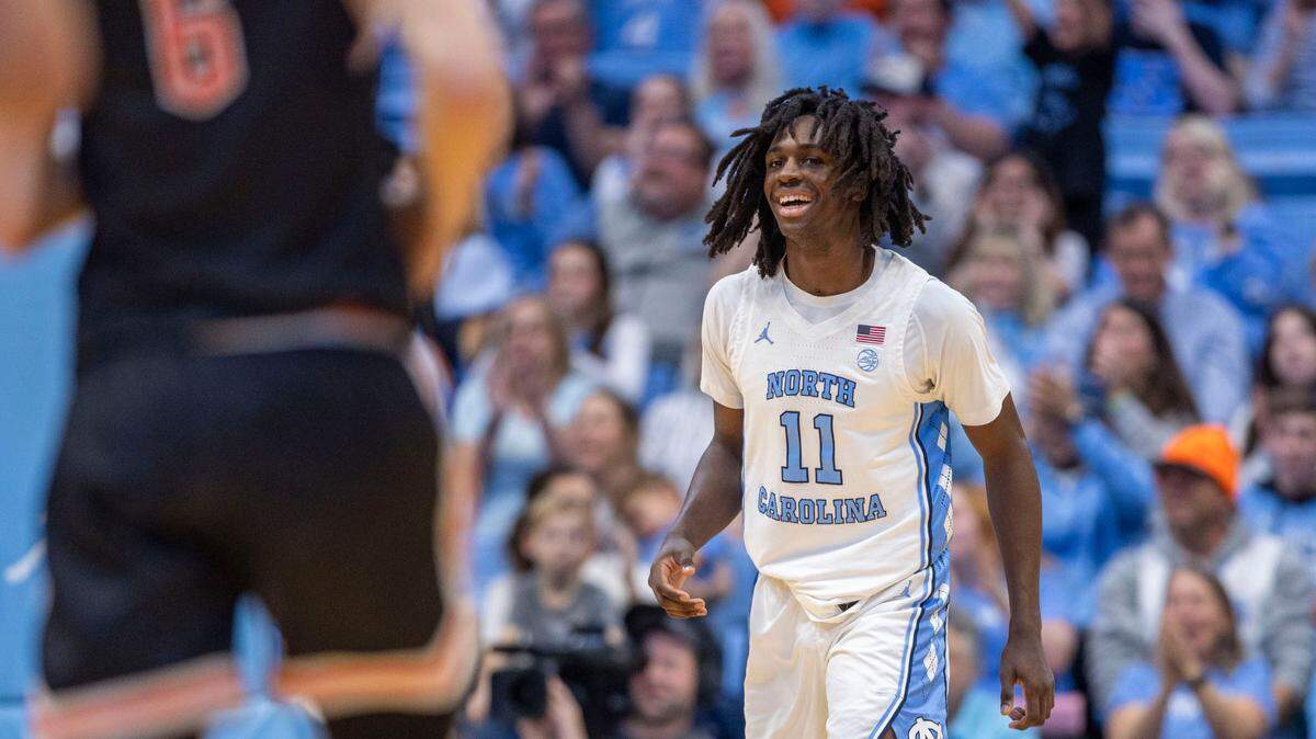 North Carolina guard Ian Jackson (11) reacts after a basket in the second half against Campbell. Jackson scored a game high 26 points in the Tar Heels’ 97-81 victory on Sunday, December 29, 2024 at the Smith Center in Chapel Hill, N.C.