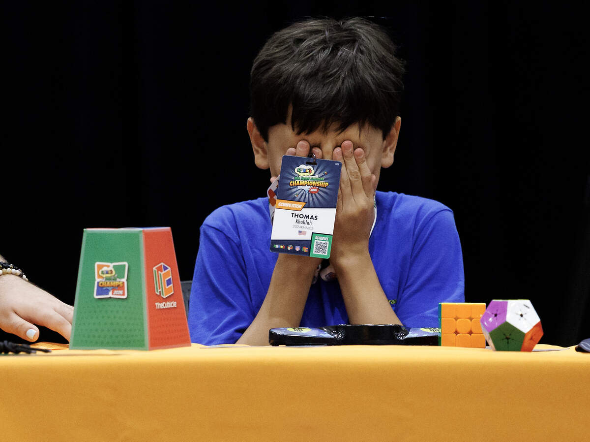 Thomas Khalifah, 10, reacts while competing at the Rubik’s WCA North American Championship at the Raleigh Convention Center on Thursday, July 2, 2026.