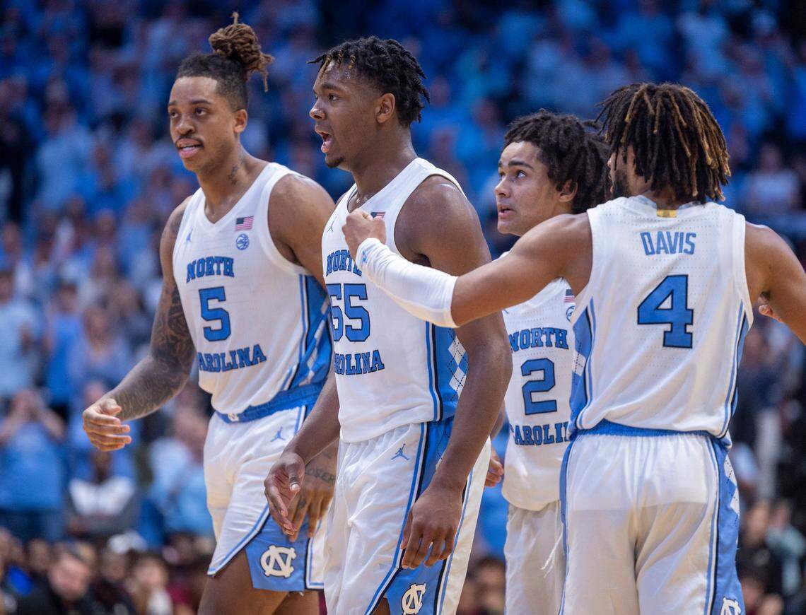 North Carolina’s Harrison Ingram (55) reacts after an Elliot Cadeau basket to give the Tar Heels’ a 58-56 lead, after overcoming a fourteen point Florida State lead, in the second half on Saturday, December 2, 2023 at the Smith Center in Chapel Hill, N.C.
