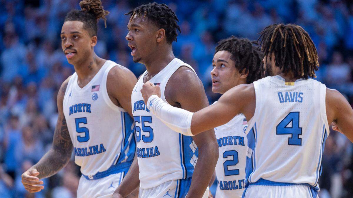 North Carolina’s Harrison Ingram (55) reacts after an Elliot Cadeau basket to give the Tar Heels’ a 58-56 lead, after overcoming a fourteen point Florida State lead, in the second half on Saturday, December 2, 2023 at the Smith Center in Chapel Hill, N.C.
