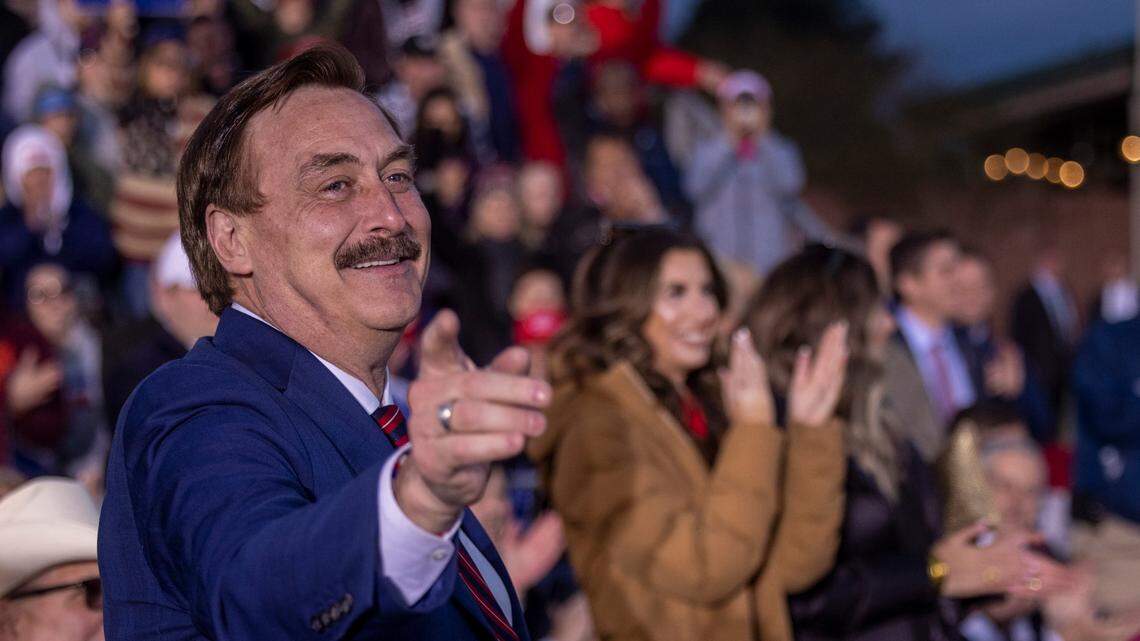 My Pillow CEO Mike Lindell cheers during a rally with former President Donald Trump in Selma Saturday, April 9, 2022.