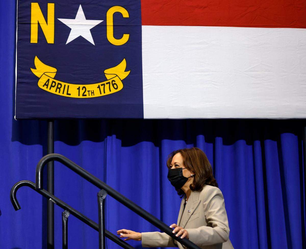 Vice President Kamala Harris prepares to give remarks at the Durham Center for Senior Life during a visit to Durham, N.C. on Thursday, Sept. 1, 2022.