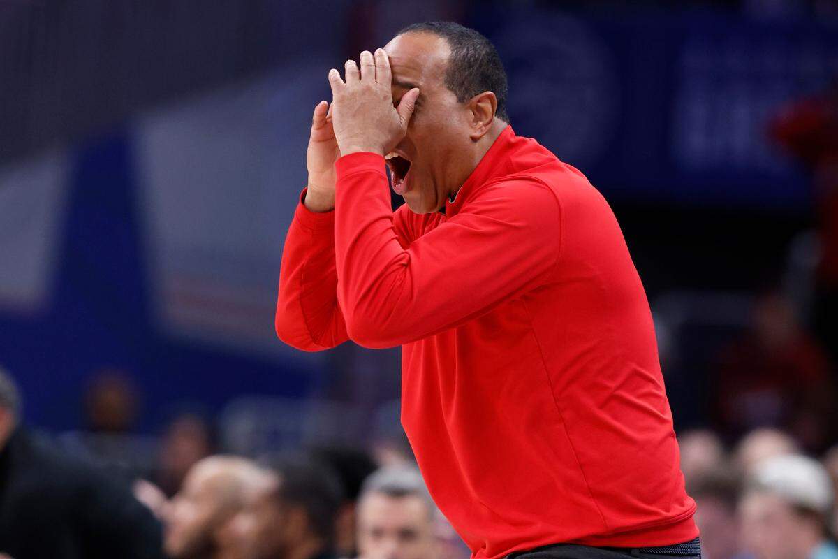 N.C. State head coach Kevin Keatts can’t believe the call during the second half of N.C. State’s 72-65 overtime victory over Virginia in the semifinals of the 2024 ACC Men’s Basketball Tournament at Capital One Arena in Washington, D.C., Friday, March 15, 2024.