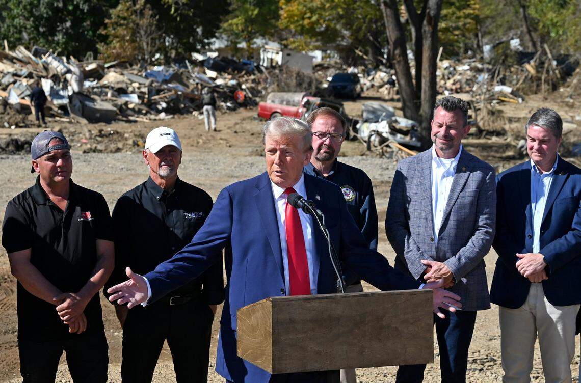Former President Donald J. Trump addresses the media in Swannanoa, NC on Monday, October 21, 2024 following his tour of damage caused by Hurricane Helene in the local area.