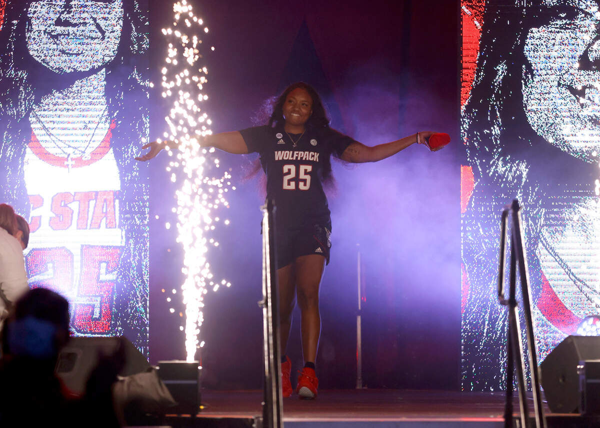 N.C. State’s Kayla Jones (25) is introduced during Primetime with the Pack at Reynolds Coliseum in Raleigh, N.C., Thursday, October 14, 2021.