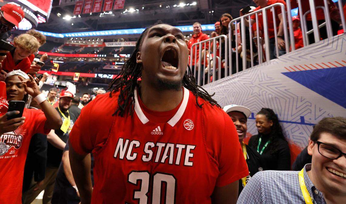 N.C. State’s DJ Burns Jr. (30) celebrates as he leaves the floor after N.C. State’s 84-76 victory over UNC in the championship game of the 2024 ACC Men’s Basketball Tournament at Capital One Arena in Washington, D.C., Saturday, March 16, 2024.